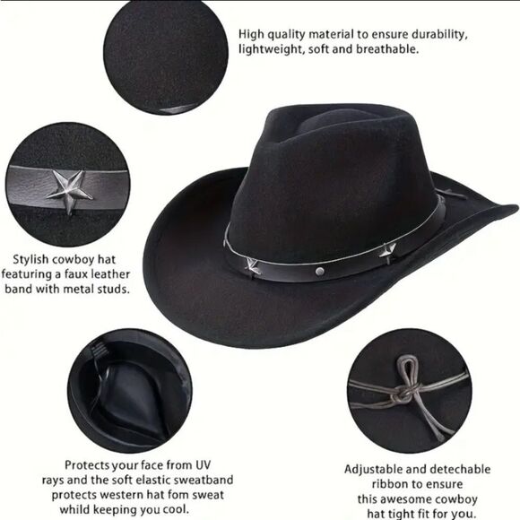 Adjustable Black Felt Cowboy Hat Unisex Western Style - Picture 4 of 6